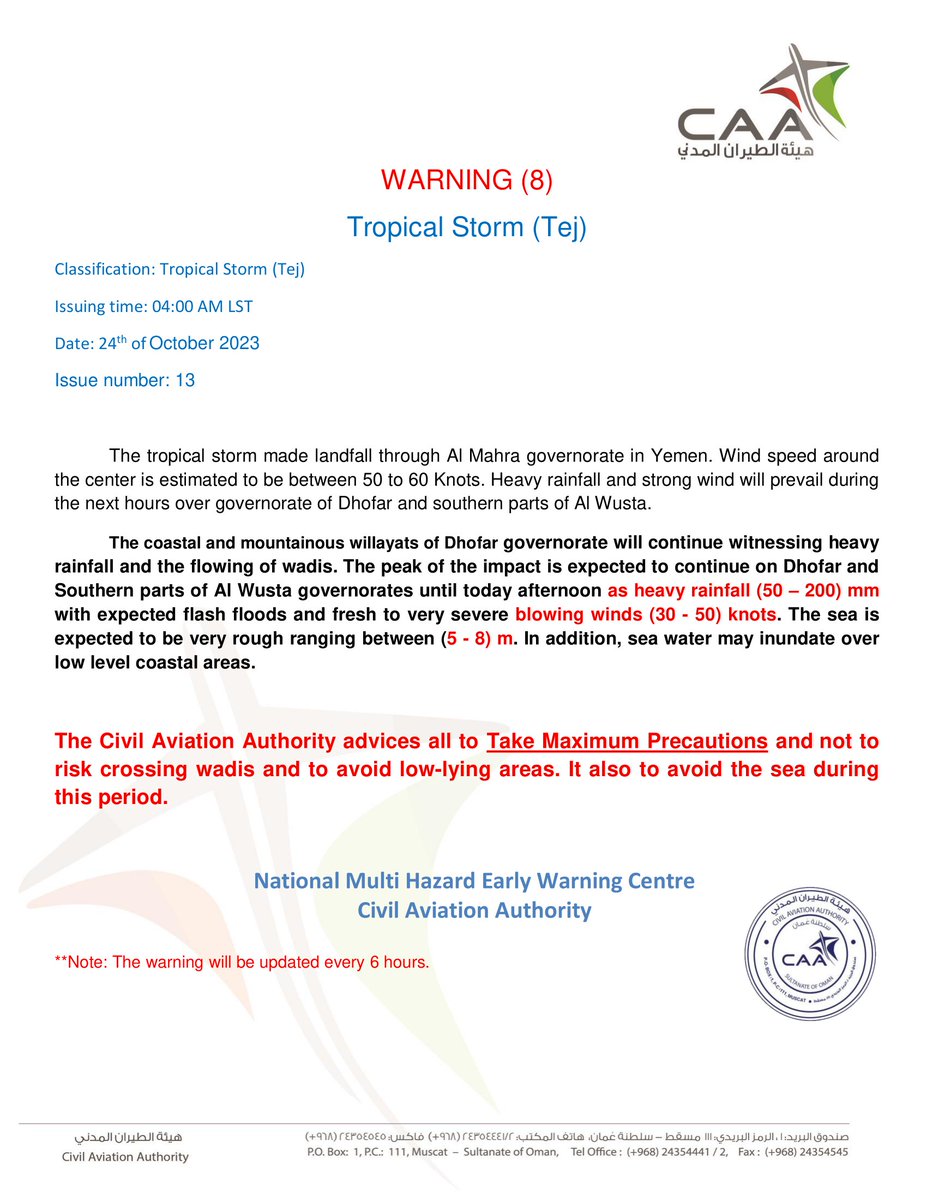 OmanMeteorology's tweet image. WARNING (8) #Tropical_Cyclone #Tej