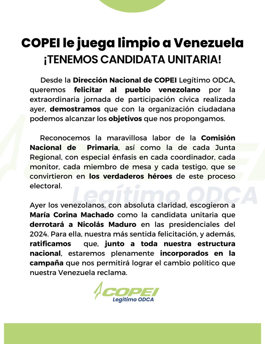 PartidoCOPEI_'s tweet photo. Desde #COPEI felicitamos al pueblo venezolano por la extraordinaria #Primaria2023 realizada este #22Oct. 🇻🇪 https://t.co/lwhyCtcq6n