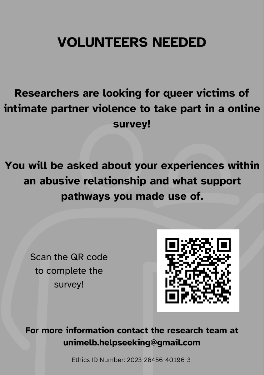 thisis_bert's tweet photo. VOLUNTEERS NEEDED! 

Researchers at the University of Melbourne are inviting queer victims-survivors of intimate partner violence to share their experiences and what support pathways you made use of in an online survey. 

The survey should take 15-30 minutes to complete https://t.co/7kp86UkuVi