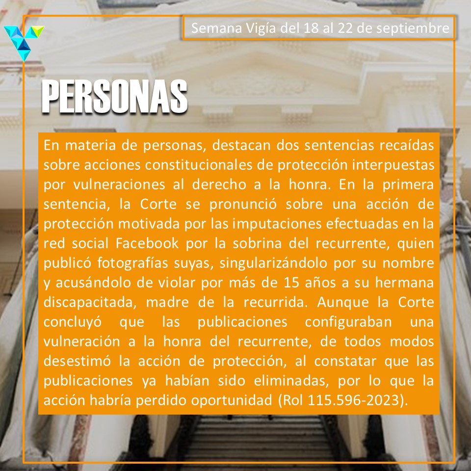 ProyectoVigia's tweet photo. ¡Tenemos nueva semana Vigía!
Esta semana destacan sentencias en materia de personas, obligaciones y responsabilidad.

En materia de personas, destacan dos sentencias recaídas sobre acciones constitucionales de protección interpuestas por vulneraciones al derecho a la honra.👇👇 https://t.co/UdCMCwI70C