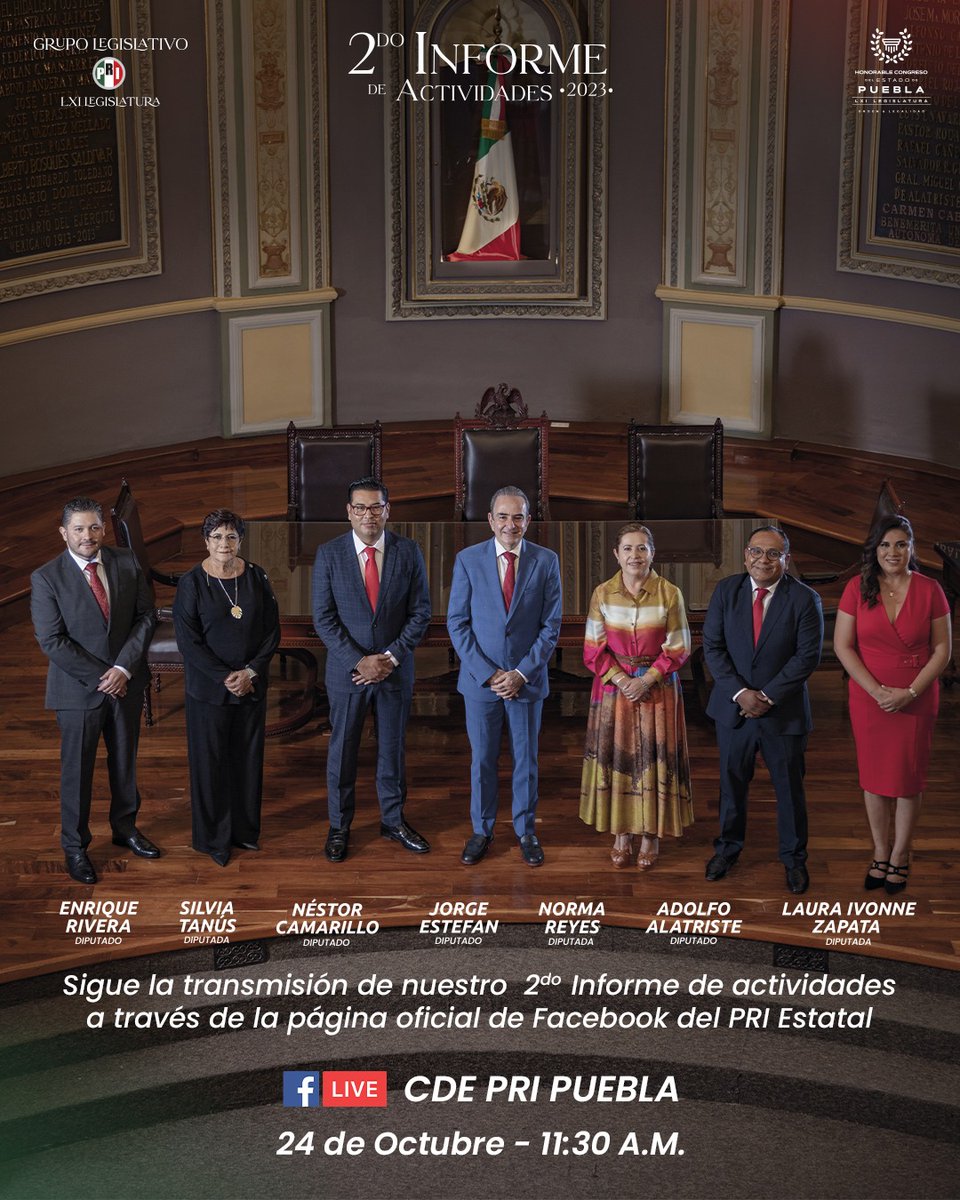 Este 24 de Octubre las y los Diputados que conformamos el Grupo Legislativo del PRI llevaremos a cabo nuestro 2do Informe Legislativo. 
Te invitamos a seguir la transmisión en vivo a través de Facebook para conocer las actividades realizadas para el bienestar de Puebla.