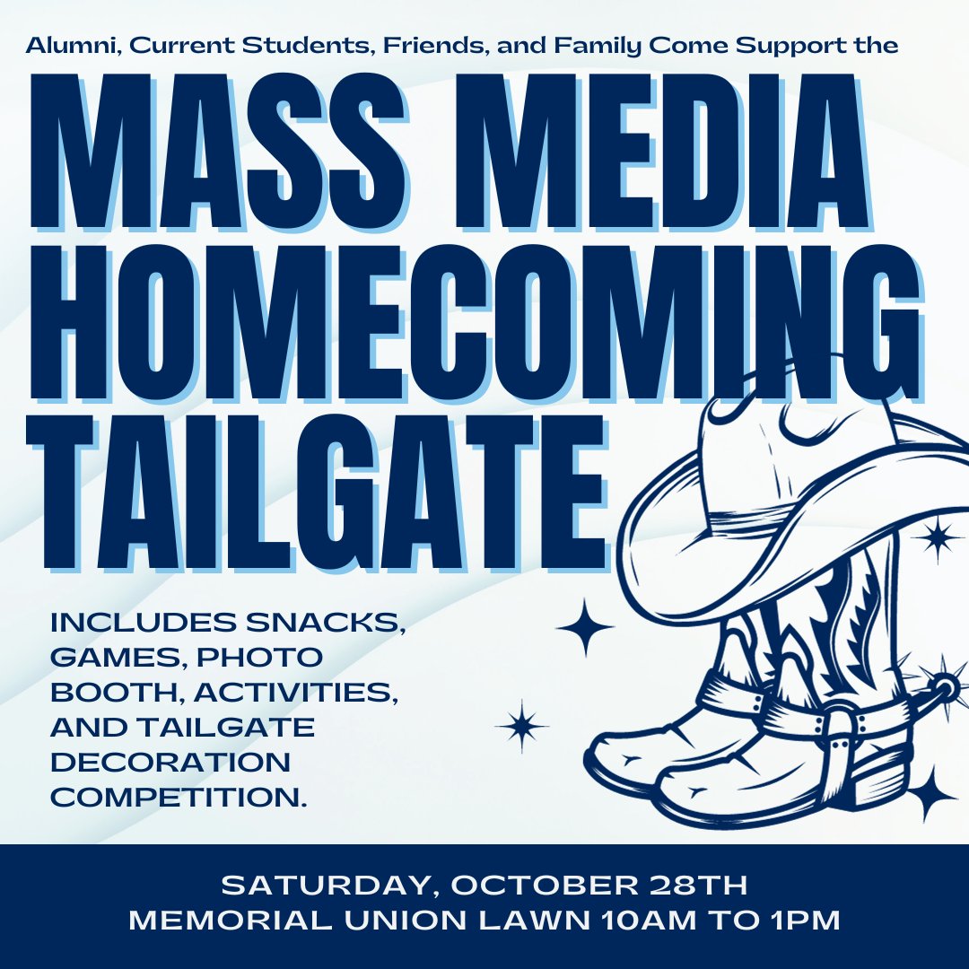 Make sure to visit the Mass Media tent at the Homecoming tailgate this Saturday! We will have snacks &amp; games. Alumni, students, friends, &amp; family are welcome!