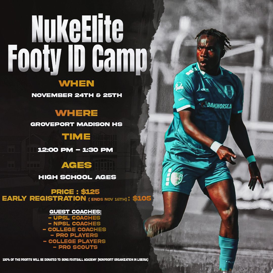 🚨🚨⚽️ FOOTY CAMP ⚽️⚽️🚨

— Join us for the first NukeElite Footy   Camp!!
— Early Bird Promo Code (BIFA20)
— Free for Groveport Madison HS Boys and Girls Soccer Team <a href="/GMschools/">Groveport Madison Schools</a> <a href="/coachtsnyder/">Thomas Snyder</a> 

👇👇Registration link below 👇👇
nukeelitefootyidcamp.regfox.com/nuke-elite-foo…