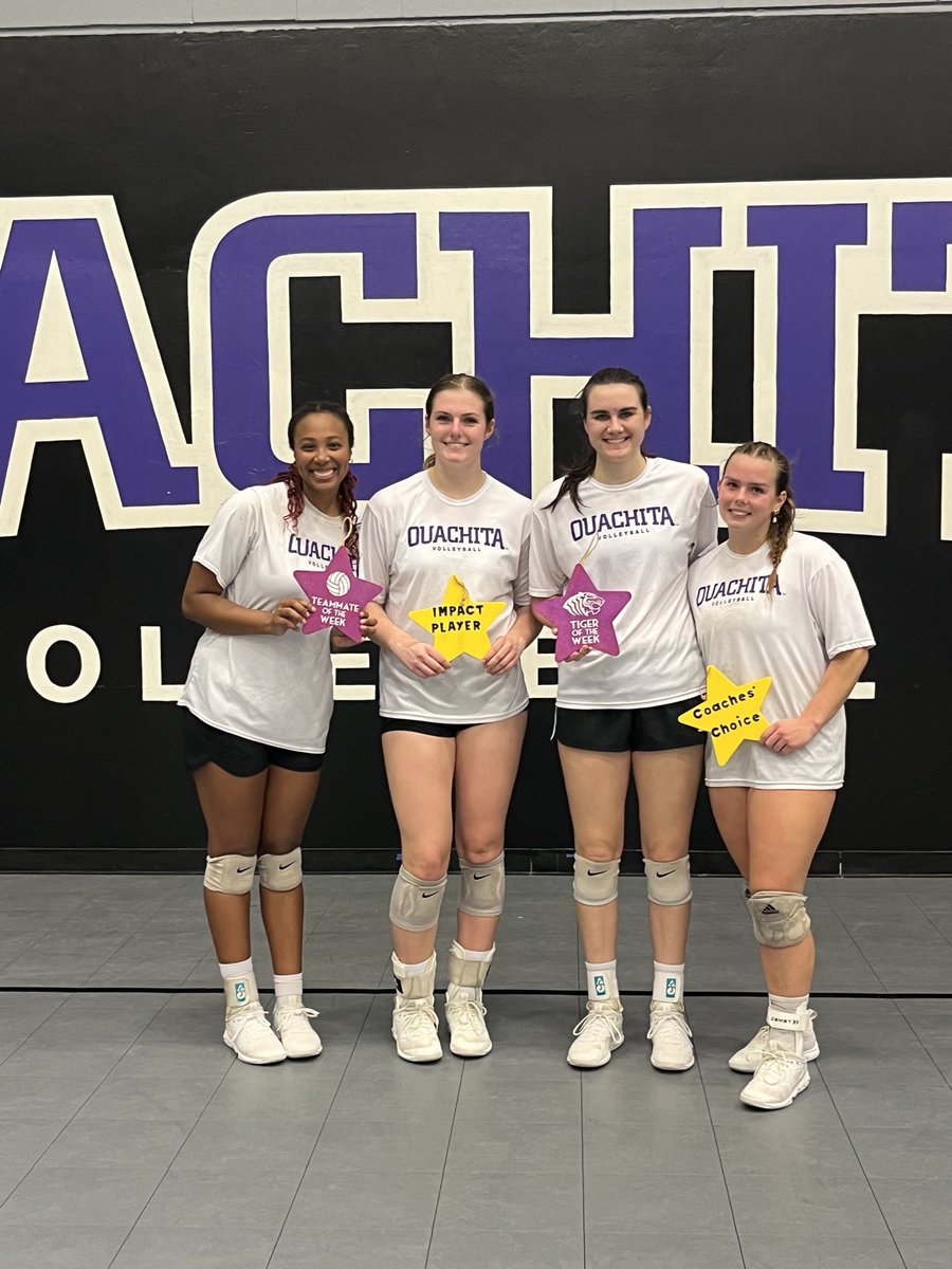 OuachitaVB's tweet photo. Teammate of the week is Eryn Dawson! Impact player is @leah_noelle25 while tiger of the week is @the_emdoza! @PeytonChurch5 is Coaches’ Choice for her consistent communication and work ethic on the court! #TIGS @OuachitaTigers https://t.co/VfQywkYU9I