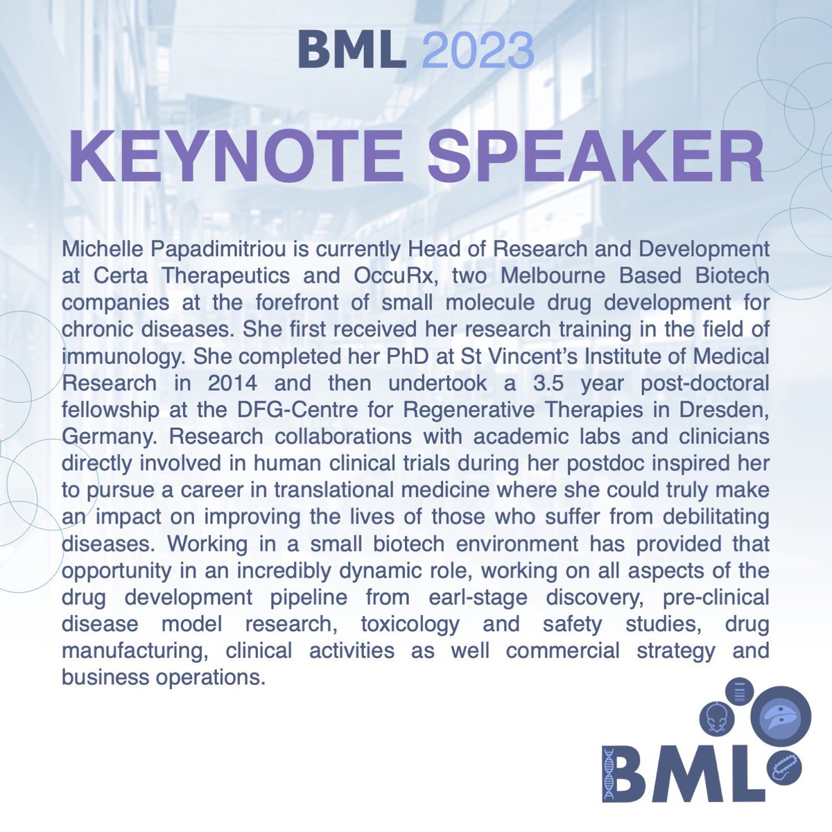 We are thrilled to announce that our second keynote speaker this year will be the amazing Dr Michelle Papadimitriou. You will hear about her career pathway and career opportunities in biotech.
Register now so you don't miss out on hearing about Michelle Papadimitriou. Link in bio