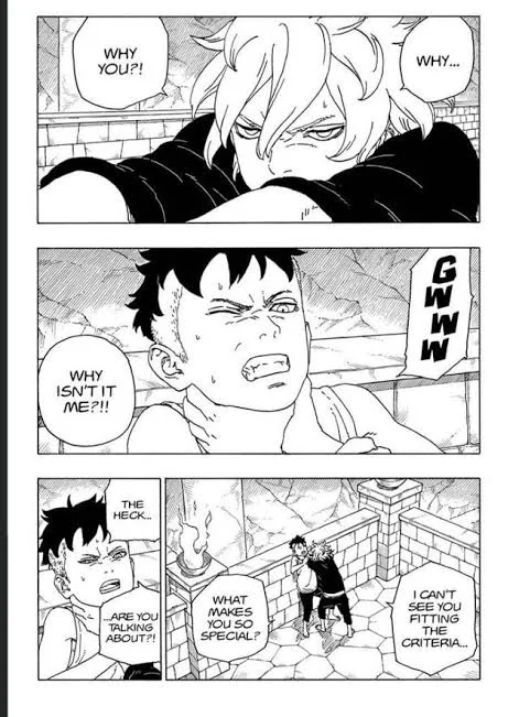 Sora_TBV's tweet photo. Kawaki and Code are the same in multiple ways it seems like Code had no one in his life to look up to then Jigen came to save him and looked up to him as a father/god Kawaki had a trash life and Naruto saved him they are both obsessed in a way #BorutoTwoBlueVortexChapter3 https://t.co/AAh4Y5LE0o
