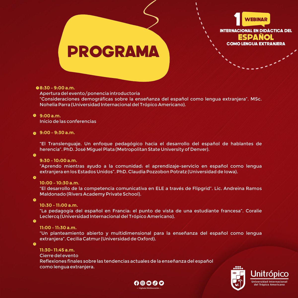 Comparto el programa del I Webinar Internacional en Didáctica del Español como Lengua Extranjera de la <a href="/Unitropico/">Unitrópico</a> pueden inscribirse a través del siguiente link forms.gle/5pJwwk5uUJfzzz…