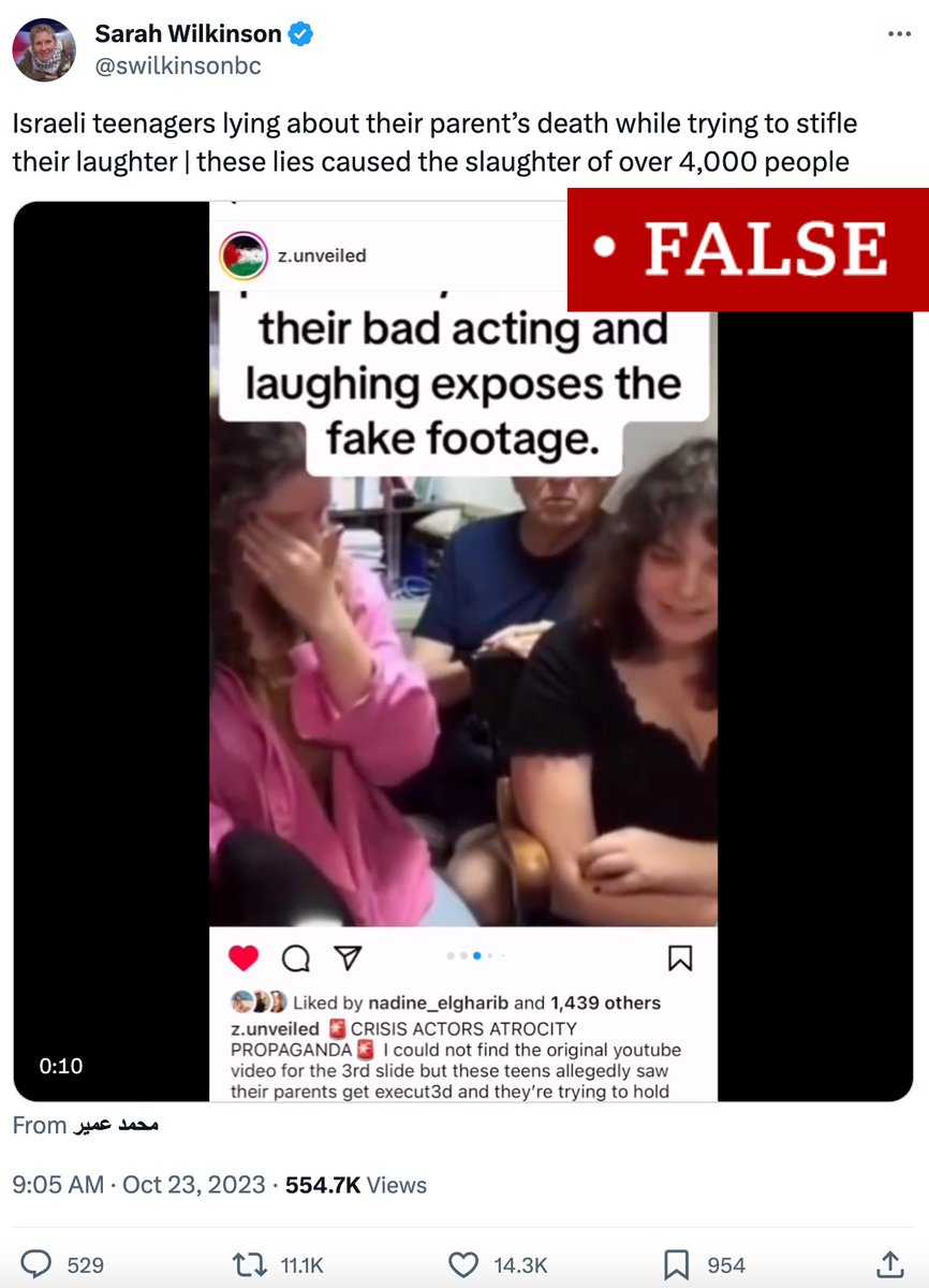 Shayan86's tweet photo. Thread: Israel-Hamas war misinformation - Day 18

An edited viral video claims to show Israeli "crisis actors" faking giref for cameras.

The clip is taken from ABC and CNN interviews with teen siblings Rotem, Shakked and Shir Matias, whose parents were killed by Hamas militants. https://t.co/Hfp5HfdDv8