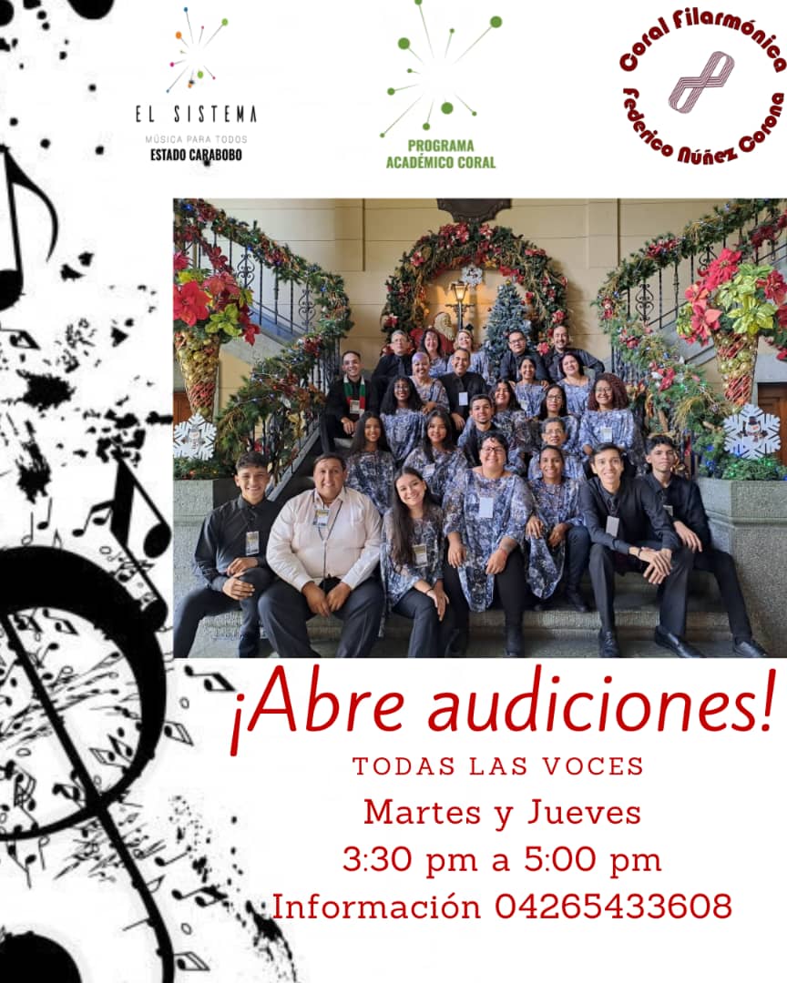 La Coral Filarmónica Carabobo "Federico Núñez Corona", Patrimonio Cultural de Valencia, con 58 años de trayectoria en el ámbito Coral Nacional, te invita a formar parte de sus filas, ven, audiciona y únete a la maravillosa experiencia del Canto Coral, escríbenos, te esperamos!