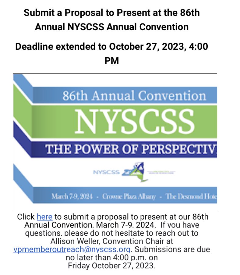 ￼Hi everyone! Make sure to submit a proposal to present at our 86th Annual Convention, March 7-9, 2024.  See flyer for more information. Proposal link- ￼ docs.google.com/forms/d/e/1FAI…