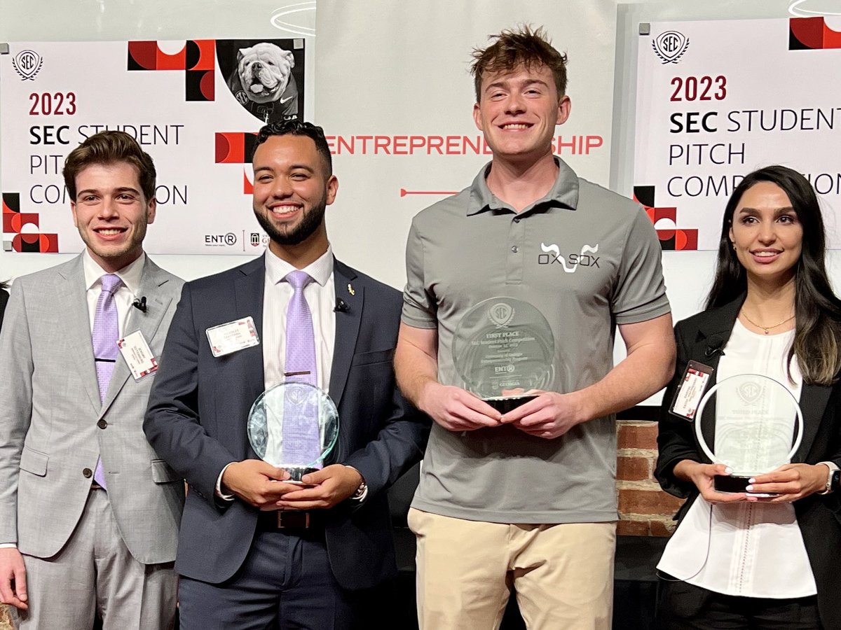 SECAcademics's tweet photo. Congratulations to @GetOxSox from @universityofga on🥇at the @SEC Student Pitch Competition!

🥈RaveBio from @UF 

🥉Dropllel from @AuburnU https://t.co/kJpLLd3gIU