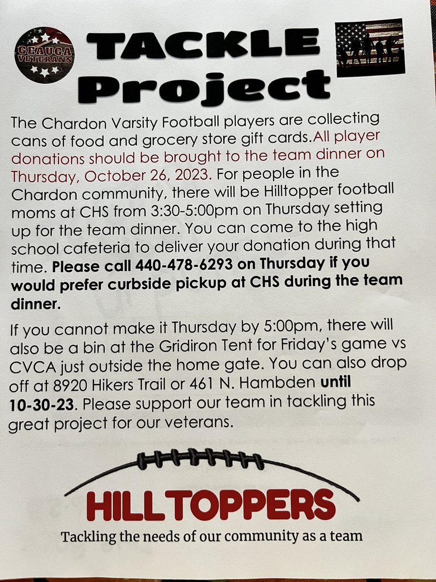 DragoVujaklija's tweet photo. We are collecting food for the Geauga County Veterans Food Bank. We need lots of donations! Can you help? @topperfb @chardongridiron https://t.co/7KHCh8mPYp