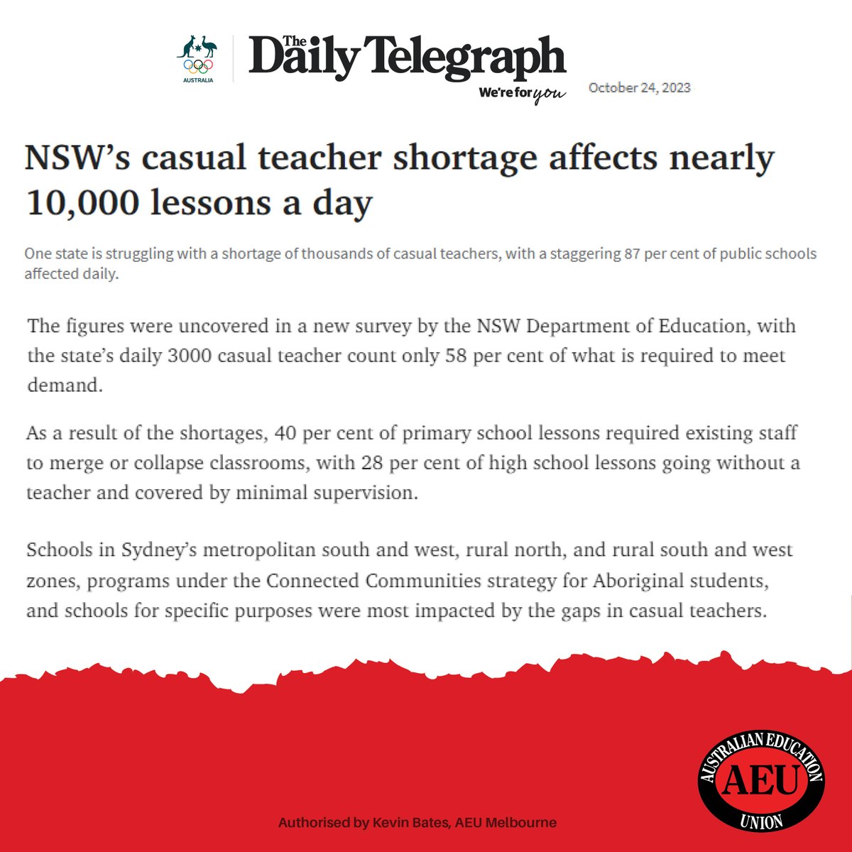 Public teachers, principals and education support staff can no longer be expected to continue to spread themselves so thinly. We need urgent action to fully fund public schools and fix the teacher shortage. #auspol