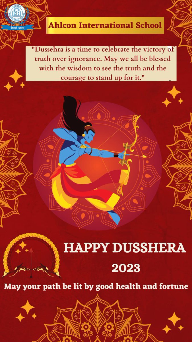 sdg4all's tweet photo. 🎉🌟 #AhlconInternational School wishes you a joyous #Dussehra! May the triumph of good over evil inspire us to always seek excellence and embrace our highest potential. Let's strive for greatness in all we do! #Dussehra2023 #Enlightenment  @ashokkp @y_sanjay @pntduggal https://t.co/srSodyYRKv