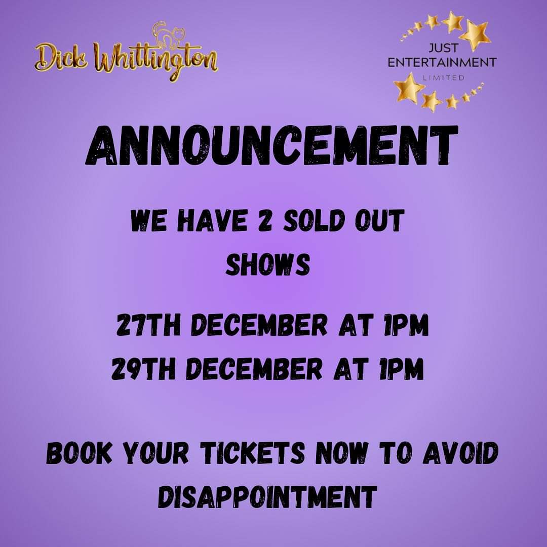 justents_ltd's tweet photo. Our tickets are selling out! We have 2 shows sold out and a number of shows are on their way! 💜

Book now 
@ticket_quarter website and typing ‘Dick Whittington’ into the search bar. 🐈‍⬛ 

#justentertainment 
#justentertainmentpanto23 
#liverpoolpanto 
#hopestreettheatre https://t.co/imlh8NPhwn