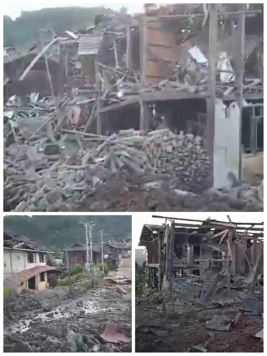 MoeSatKhinn's tweet photo. While retreating from the confrontation with the Tatmadaw, insurgents from #NUG #CRPH funding, including #PDF #TNLA, were reported to have caused damage to the homes of unarmed civilians in Upper NyaungGone village, where they had taken shelter, in Mogok Township. 
#RejectNUG https://t.co/zpvB521Wyx