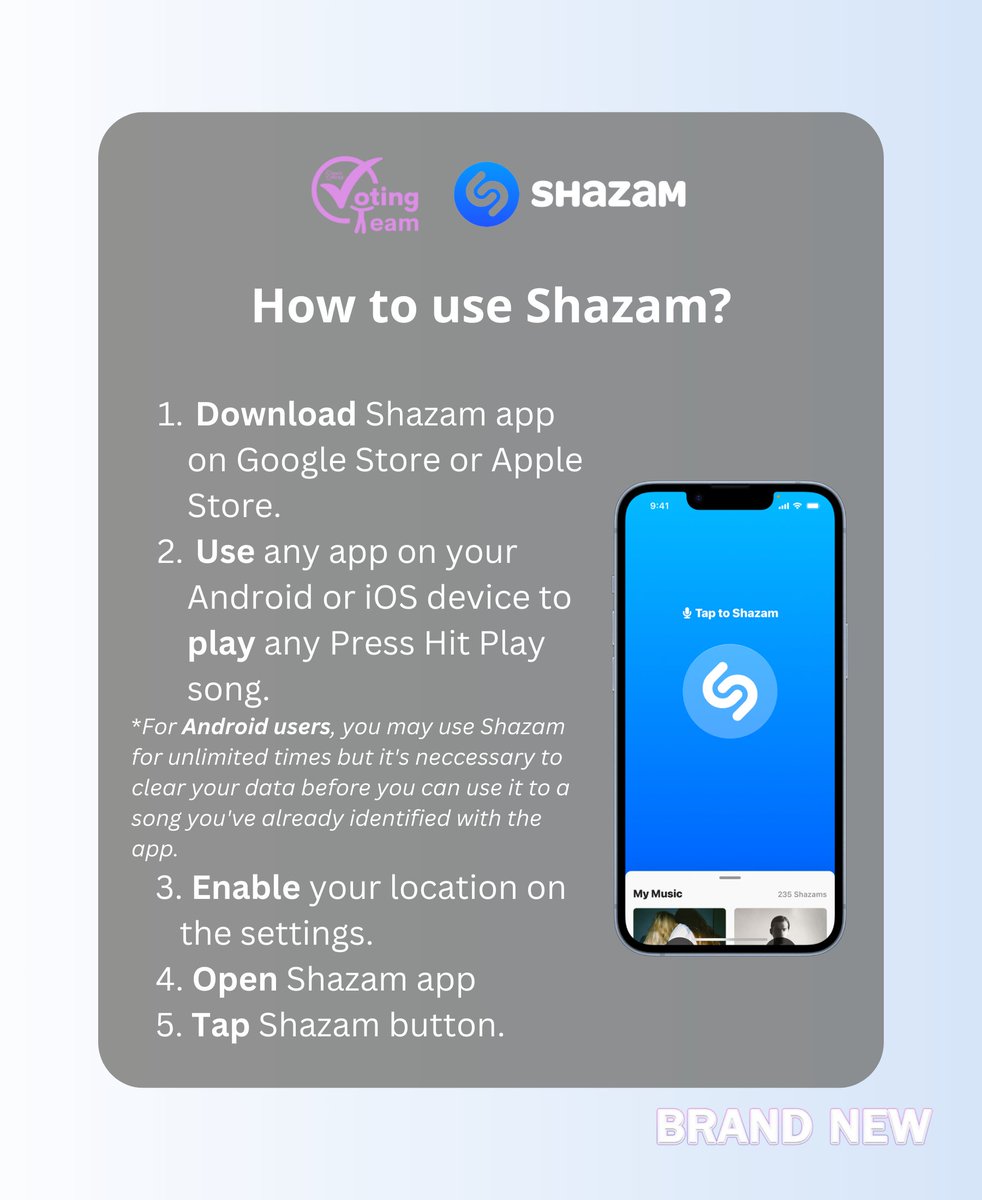 PHPVotingTeam's tweet image. [🎵 SHAZAM GUIDE | BRAND NEW]

Shazam can help @PressHitPlay&apos;s songs get recognized and played on the radio so make sure to always use it! 💛

BRAND NEW BY PHP
#PHP_BrandNew_OutNow 
#PHP_BrandNew #Press_Hit_Play