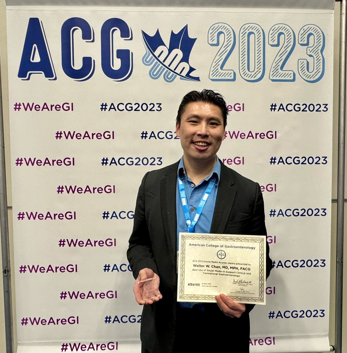 BIG Congrats to @WalterChanMD for winning the @AmCollegeGastro Social Media Acumen Award for best use of social media to support @ACG_CTG!