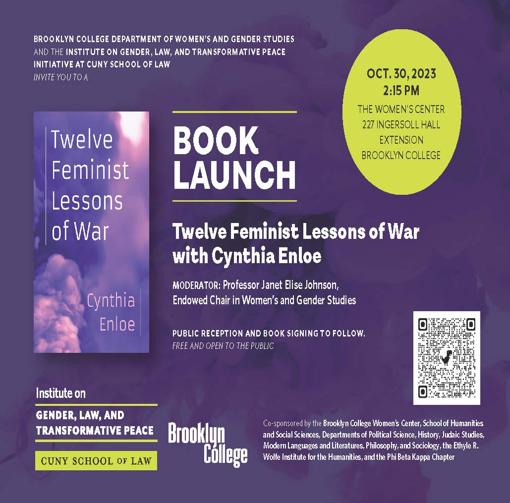 Join us on Monday, Oct. 30 at 2:15 PM in the Women’s Center for the book launch of Cynthia Enloe’s Twelve Feminist Lessons of War. We will be discussing lessons from feminists in Ukraine and their application to current events in Gaza, Israel, and our campus communities.