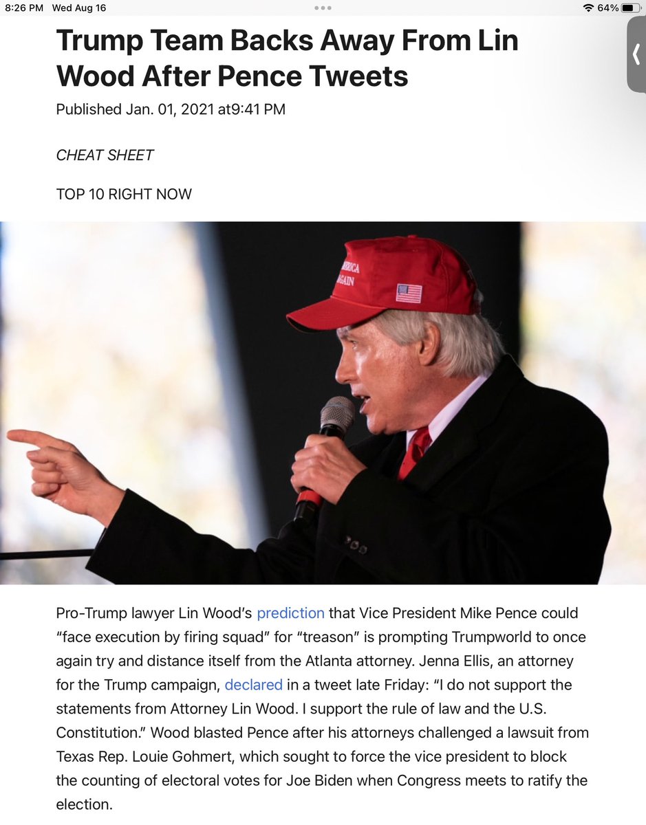 MrsCsCookies's tweet photo. The @SecretService is investigating death threats against #VPPence made by pro-Trump lawyer #LinWood…
Wood, who was banned from Twitter last week, is suspected of writing a now-deleted post on Parler: "Get the firing squads ready. Pence goes FIRST."
https://t.co/VlbIrosiX5 https://t.co/KJm05bvD9u
