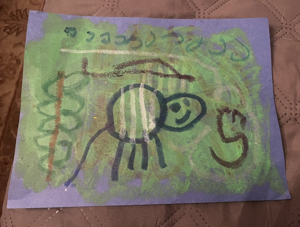 Bruno insisted I bring this home from his school art bin.

After describing it in depth as a rainforest scene with a tiger, he asked, “do you know how I made this masterpiece?”

This kid’s confidence is unreal.