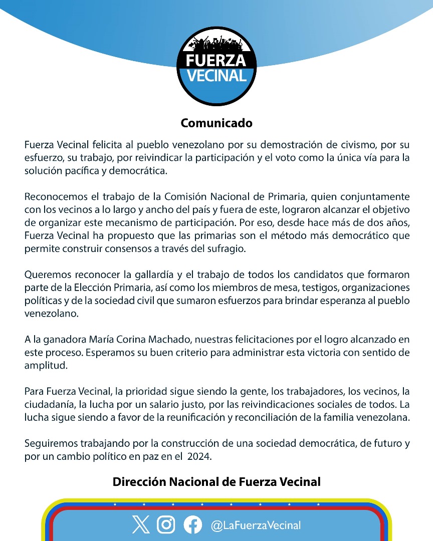 lafuerzavecinal's tweet photo. #Comunicado | Fuerza Vecinal felicita al pueblo venezolano por su demostración de civismo, por su esfuerzo, su trabajo, por reivindicar la participación y el voto como la única vía para la solución pacífica y democrática.
⚫️🔵 https://t.co/SN0BvBbI0M