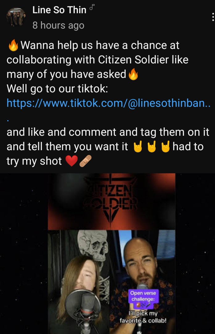 Luna Sea 🇨🇦🍁♓ (@shadeschick) on Twitter photo Who else would love to see this????🥰🥰🥰
I know I would.
Like, comment and retweet, if you you would love to see two amazing bands collab.
🎶🎸🎶🎸🎶🎸🎶🎸🎶🎸
<a href="/citizensoldiero/">Citizen Soldier</a>
<a href="/LineSoThin/">Line So Thin</a> Who else would love to see this????🥰🥰🥰
I know I would.
Like, comment and retweet, if you you would love to see two amazing bands collab.
🎶🎸🎶🎸🎶🎸🎶🎸🎶🎸
<a href="/citizensoldiero/">Citizen Soldier</a>
<a href="/LineSoThin/">Line So Thin</a>