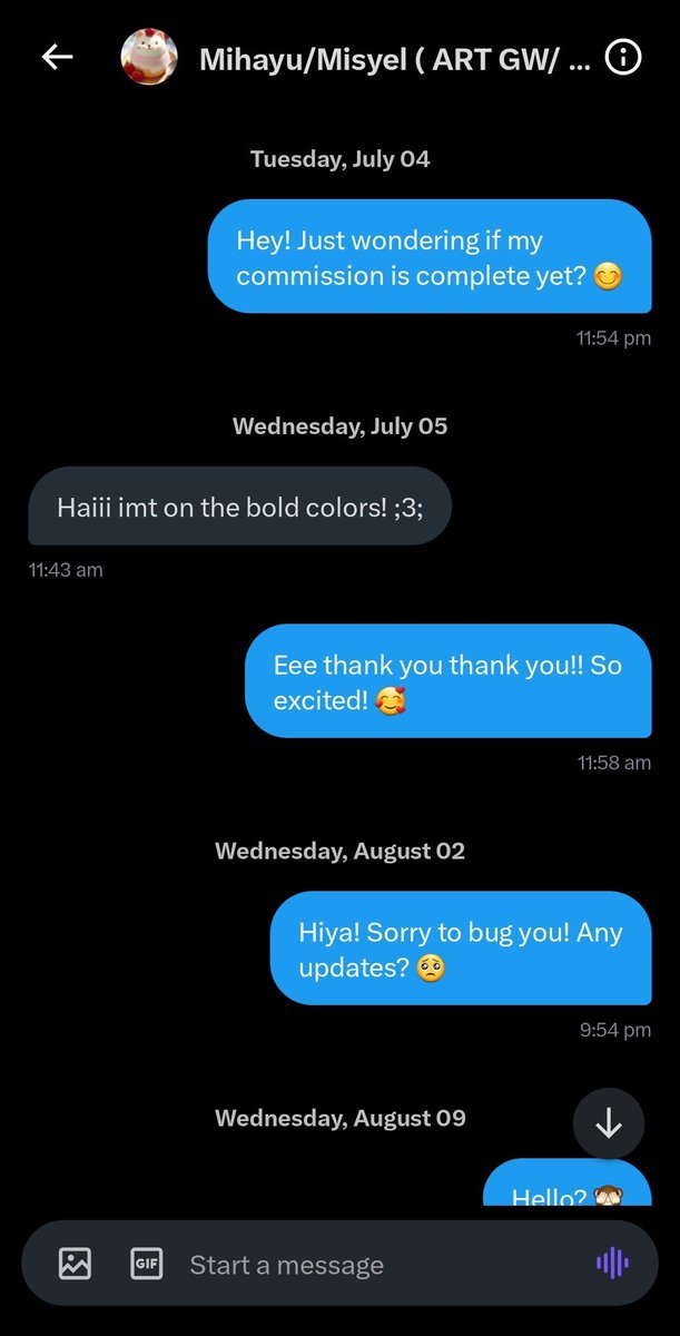 BEWARE:
This fake 'artist' has scammed me out of $120 🙃 <a href="/Mishzar4ever/">Mihayu-Misyel</a>
I commissioned back in May and have tried to get updates ever since, with zero luck obviously 😅
Please share with the art community so no one else falls victim like I have 😔
Here is a thread of our messages: