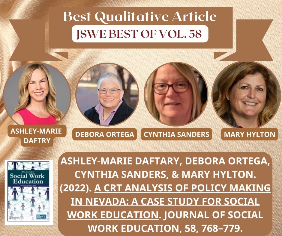JSWE (@jswe_cswe) on Twitter photo Congratulations to the authors of the Best Qualitative Article of JSWE V. 58 - Dr. Ashley-Marie Daftry, Dr. Debora Ortega, Dr. Cynthia Sanders and Dr. Mary Hylton! <a href="/GSSWDenver/">GSSW U of Denver</a> <a href="/SocialWorkUNR/">UNR Social Work</a>
<a href="/USocialWork/">Utah Social Work</a> <a href="/SalisburyU/">Salisbury University</a> <a href="/CSocialWorkEd/">CSWE</a> @DparrishParrish Congratulations to the authors of the Best Qualitative Article of JSWE V. 58 - Dr. Ashley-Marie Daftry, Dr. Debora Ortega, Dr. Cynthia Sanders and Dr. Mary Hylton! <a href="/GSSWDenver/">GSSW U of Denver</a> <a href="/SocialWorkUNR/">UNR Social Work</a>
<a href="/USocialWork/">Utah Social Work</a> <a href="/SalisburyU/">Salisbury University</a> <a href="/CSocialWorkEd/">CSWE</a> @DparrishParrish