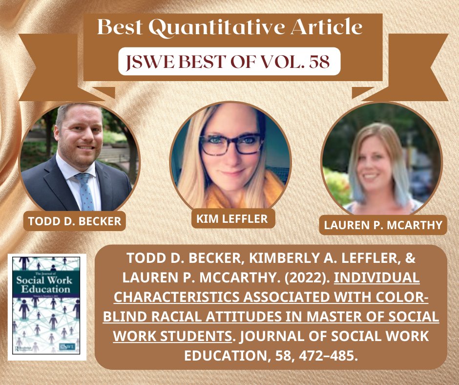 JSWE (@jswe_cswe) on Twitter photo Congratulations to the authors of the Best Quantitative Article in JSWE V. 58 - Dr. Todd Becker, Dr. Kimberly Leffler, and Dr. Lauren McCarthy! <a href="/becker_td/">Todd D. Becker, PhD, LMSW (he/him)</a> <a href="/mdsocialwork/">University of Maryland School of Social Work</a> <a href="/CSocialWorkEd/">CSWE</a> @DparrishParrish Congratulations to the authors of the Best Quantitative Article in JSWE V. 58 - Dr. Todd Becker, Dr. Kimberly Leffler, and Dr. Lauren McCarthy! <a href="/becker_td/">Todd D. Becker, PhD, LMSW (he/him)</a> <a href="/mdsocialwork/">University of Maryland School of Social Work</a> <a href="/CSocialWorkEd/">CSWE</a> @DparrishParrish