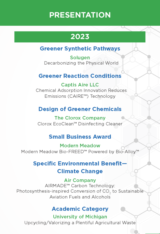 A huge congratulations to the winners of the 2023 Green Chemistry Challenge Awards! 
<a href="/ModernMeadow/">Modern Meadow</a> 
<a href="/CloroxCo/">The Clorox Company</a> 
<a href="/Solugen/">Solugen</a> 
<a href="/AirCoNYC/">AIRCO</a>
Captis Aire
Prof. Richard Laine <a href="/ummse/">Umich MSE</a>

Read more: brnw.ch/21wDNeM

#greenchemistry