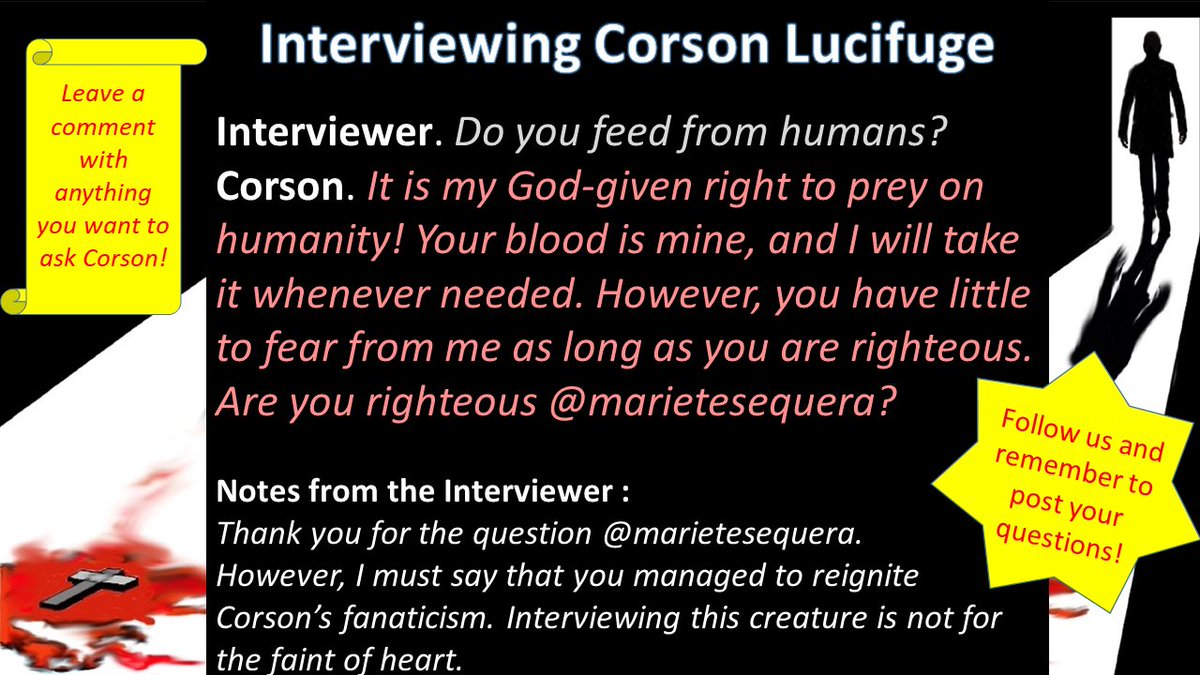 desperatechron's tweet photo. Interviewing Corson Lucifuge, main character from our book "Corson Lucifuge: Into the Darkness". 

Remember to post questions you would like our interviewer to make Corson!

#corsonlucifuge #desperatechronicles #sinners #righteous #vampire #blood #godgiven https://t.co/jNgeI1jyhe