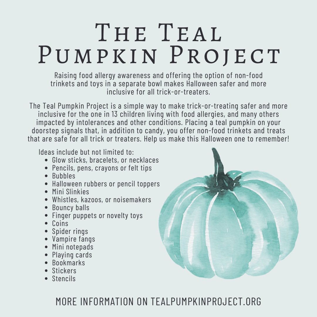 JordanTheCoder's tweet image. The Teal Pumpkin Project 🎃
Raising food allergy awareness and offering the option of non-food trinkets and toys in a separate bowl makes Halloween safer and more inclusive for all trick-or-treaters.
tealpumpkinproject.org
#tealpumpkinproject #halloween #inclusive