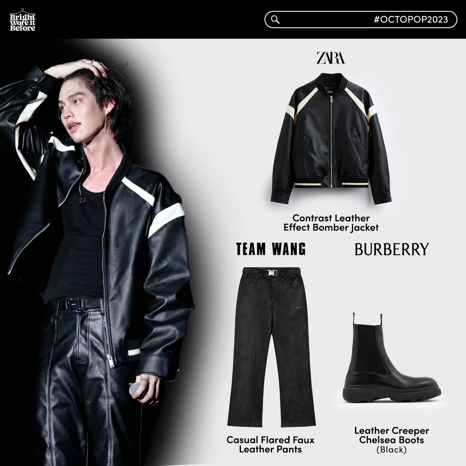 BrightWoreItBefore -ได้อยู่ on X: "🥼 @zara Contrast Leather Effect Bomber  Jacket 🛒 3,790 THB 👖 @teamwangdesign_ Casual Flared Faux Leather Pants 🛒  7,906 THB 👞 @Burberry Leather Creeper Chelsea Boots (Black) 🛒