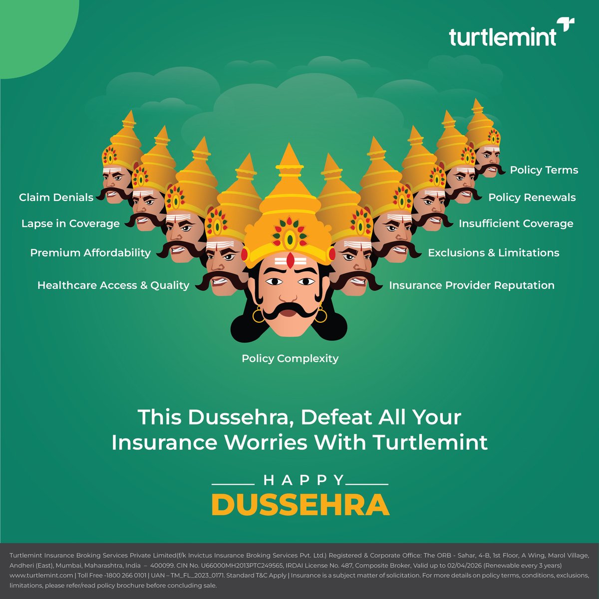 helloturtlemint's tweet image. Conquer Your #Insurance Fears this #Dussehra! 🏹🔥From policy jargon to coverage concerns, let #Turtlemint vanquish your worries and lead you on the path to #financial security. Let's celebrate a victorious future together! 

#FutureKaInsurance #happydussehra #India #Festival