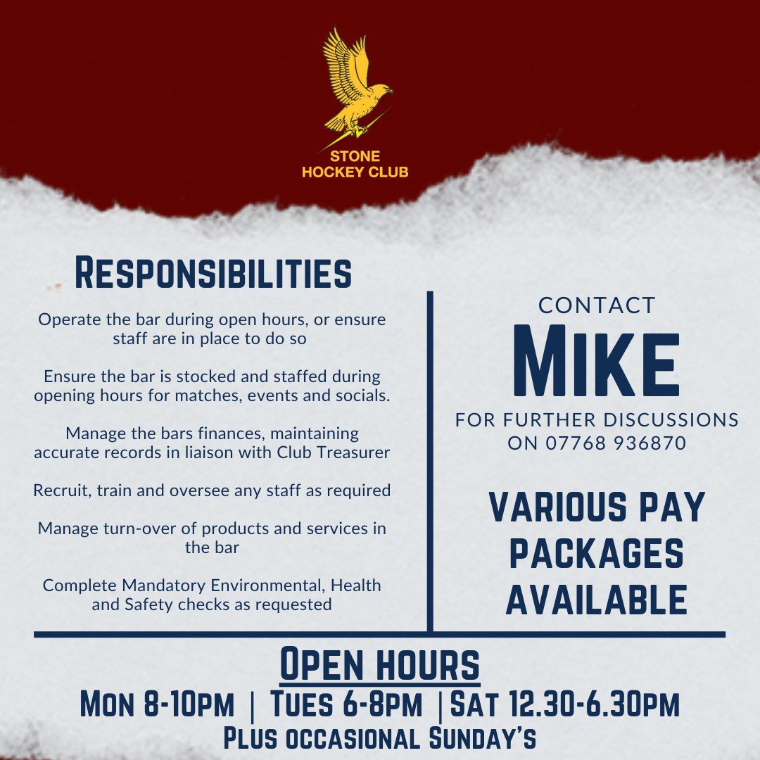 Stonehockeyclub's tweet photo. 🚨 JOB ALERT 🚨

We are looking for someone to take on the role of bar manager with an immediate start 🍻

This person does not need to be a member of Stone HC

Experience is desirable but not essential as training can be provided. DM us or contact Mike as per the image below👇 https://t.co/K5W9M82hx8