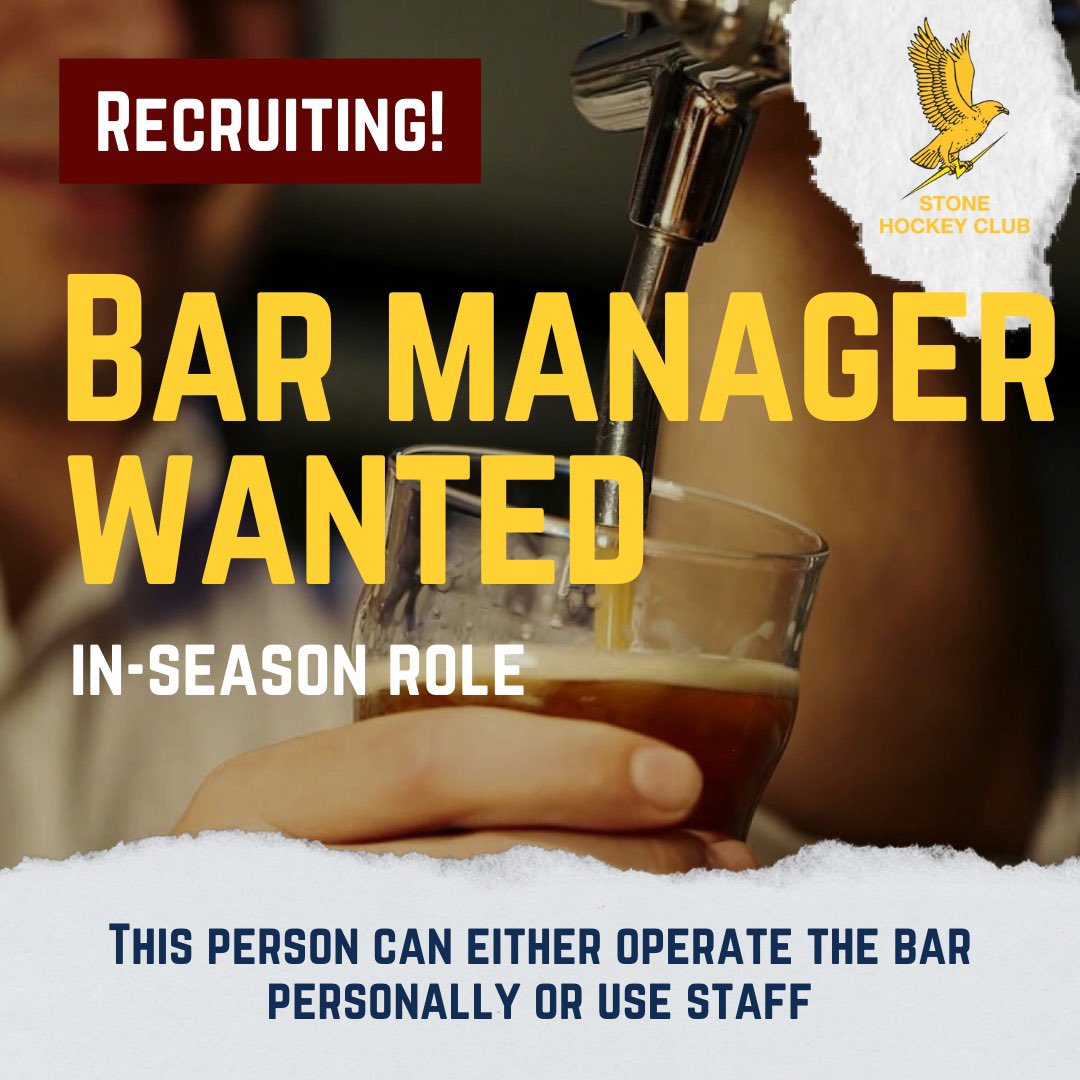 Stonehockeyclub's tweet photo. 🚨 JOB ALERT 🚨

We are looking for someone to take on the role of bar manager with an immediate start 🍻

This person does not need to be a member of Stone HC

Experience is desirable but not essential as training can be provided. DM us or contact Mike as per the image below👇 https://t.co/K5W9M82hx8