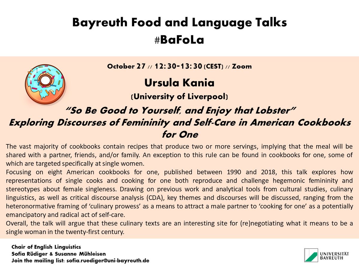 #BaFoLa is back! Ursula Kania (<a href="/instantlinguist/">Dr Ursula Kania</a>) will open our winter season this Friday (Oct 27), 12:30-13:30 CEST, with a talk on discourses of femininity and self-care in cookbooks for one! So be good to yourself, and join us 😉 #LanguageAndFood #CulinaryLinguistics