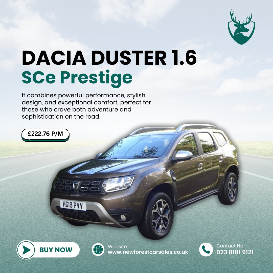 Discover exceptional performance and comfort with our 2019 Dacia Duster 1.6 SCe Prestige at New Forest Car Sales. Rigorously inspected for reliability. Visit us for a test drive and find your perfect SUV. Drive with confidence. newforestcarsales.co.uk #CarSalesUK #DaciaDuster