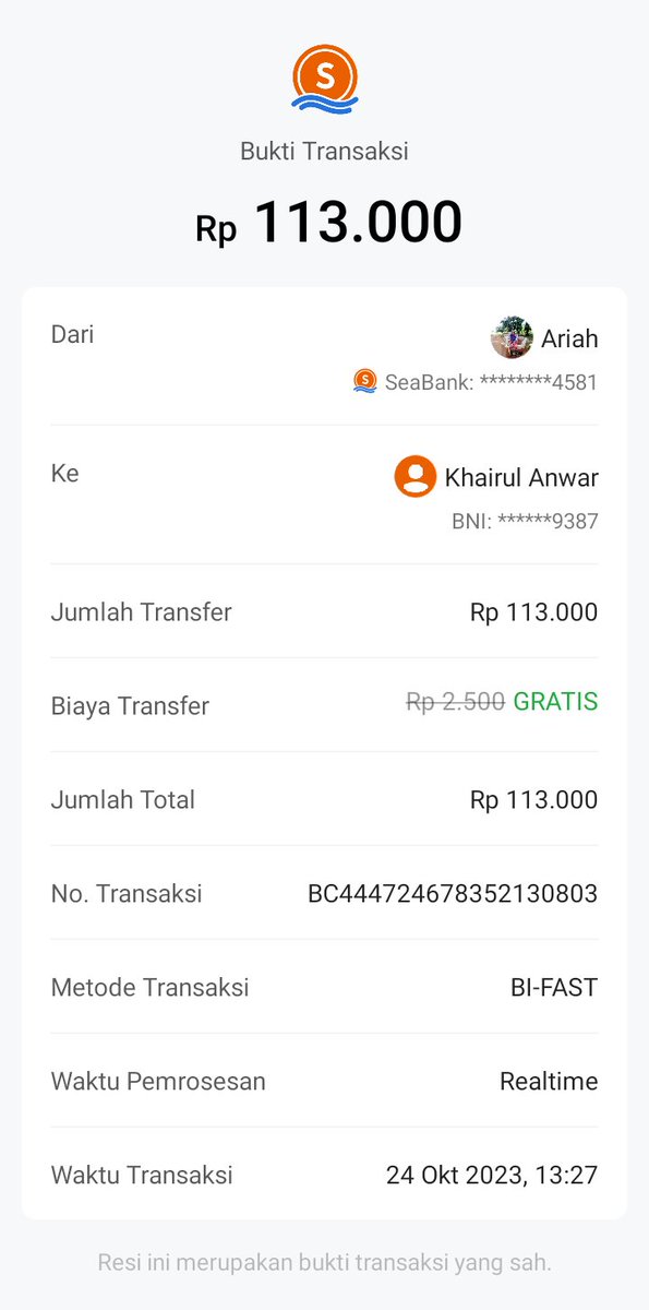 ajumr2's tweet photo. Saya telah berhasil mengirimkan Rp113.000 ke rekening kamu melalui SeaBank. https://t.co/oTogyR603A