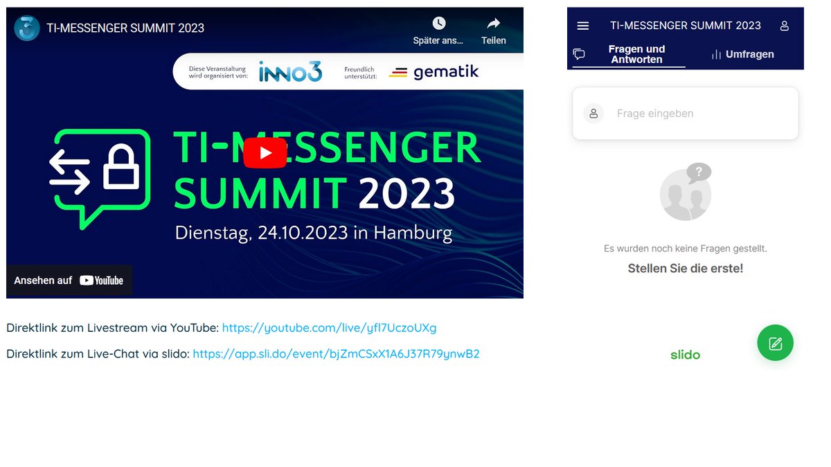 Martin Blaschka (@martin_blaschka) on Twitter photo Um 10:00 Uhr geht's los beim 1. TI-MESSENGER SUMMIT - powered by @INNO3_News & unterstützt von <a href="/gematik1/">gematik</a> Wer sich spontan zuschalten möchte, ist herzlich via Livestream + Chat eingeladen: timsummit.de/livestream. Um 10:00 Uhr geht's los beim 1. TI-MESSENGER SUMMIT - powered by @INNO3_News & unterstützt von <a href="/gematik1/">gematik</a> Wer sich spontan zuschalten möchte, ist herzlich via Livestream + Chat eingeladen: timsummit.de/livestream.