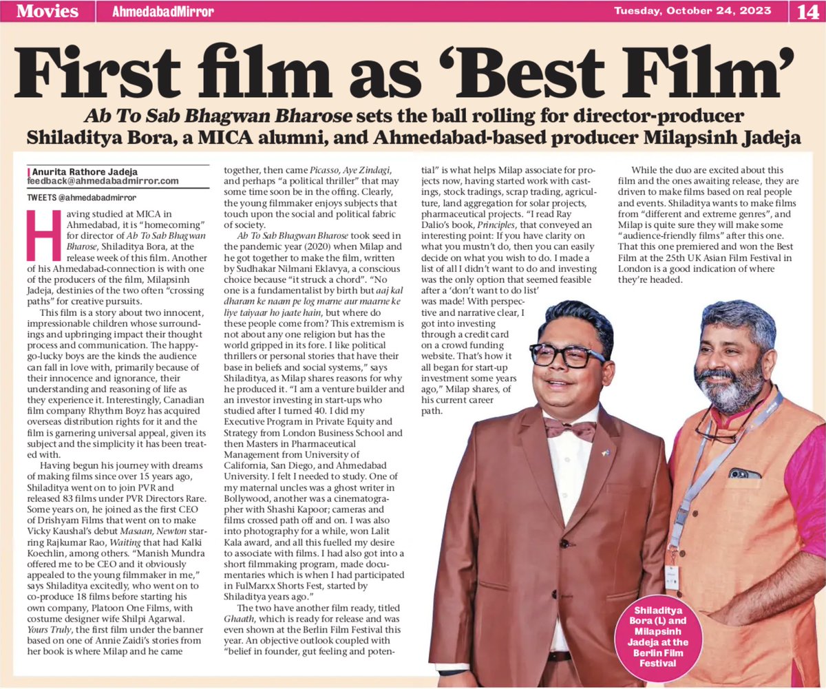 A lovely feature on our journey in today’s @AhmedabadMirror by @AnuritaRathore. This one is special for many reasons..almost 17 years back Ahmedabad Mirror did our first ever feature when we were starting out with FulMarxx Shorts Fest while I was a student at @MICA_Ahmedabad .…