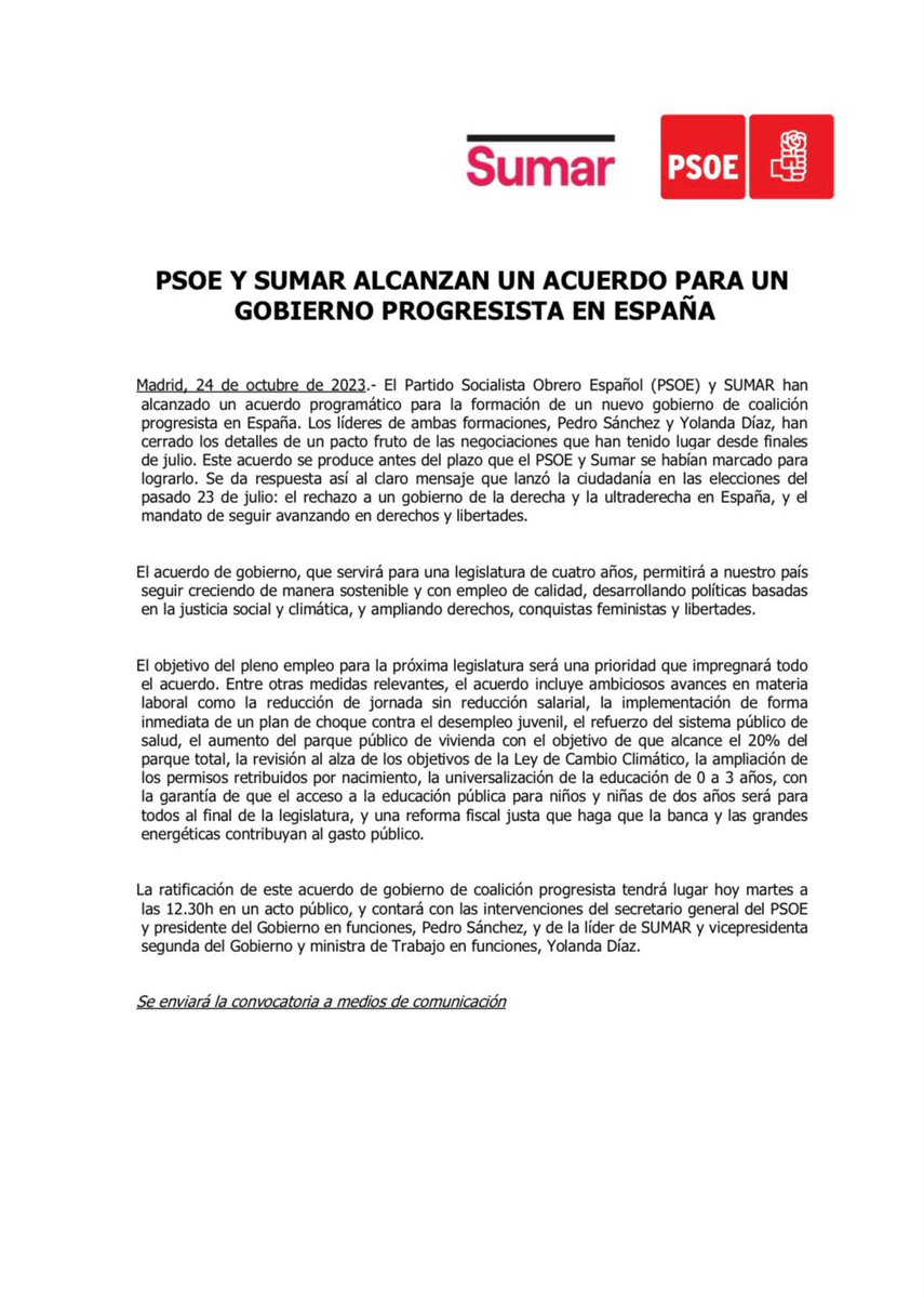 🔴 El Partido Socialista Obrero Español y SUMAR alcanzan un acuerdo para un gobierno progresista en España.

 #SiempreAdelante