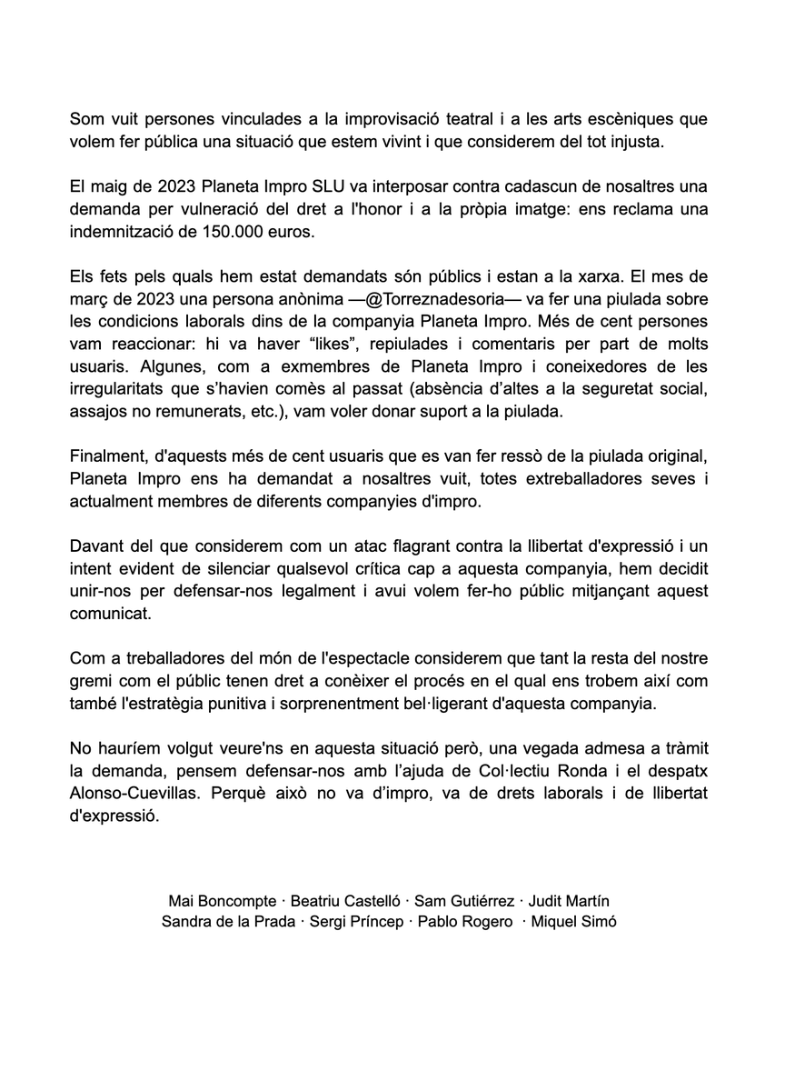 Comunicat oficial demandades per Planeta Impro