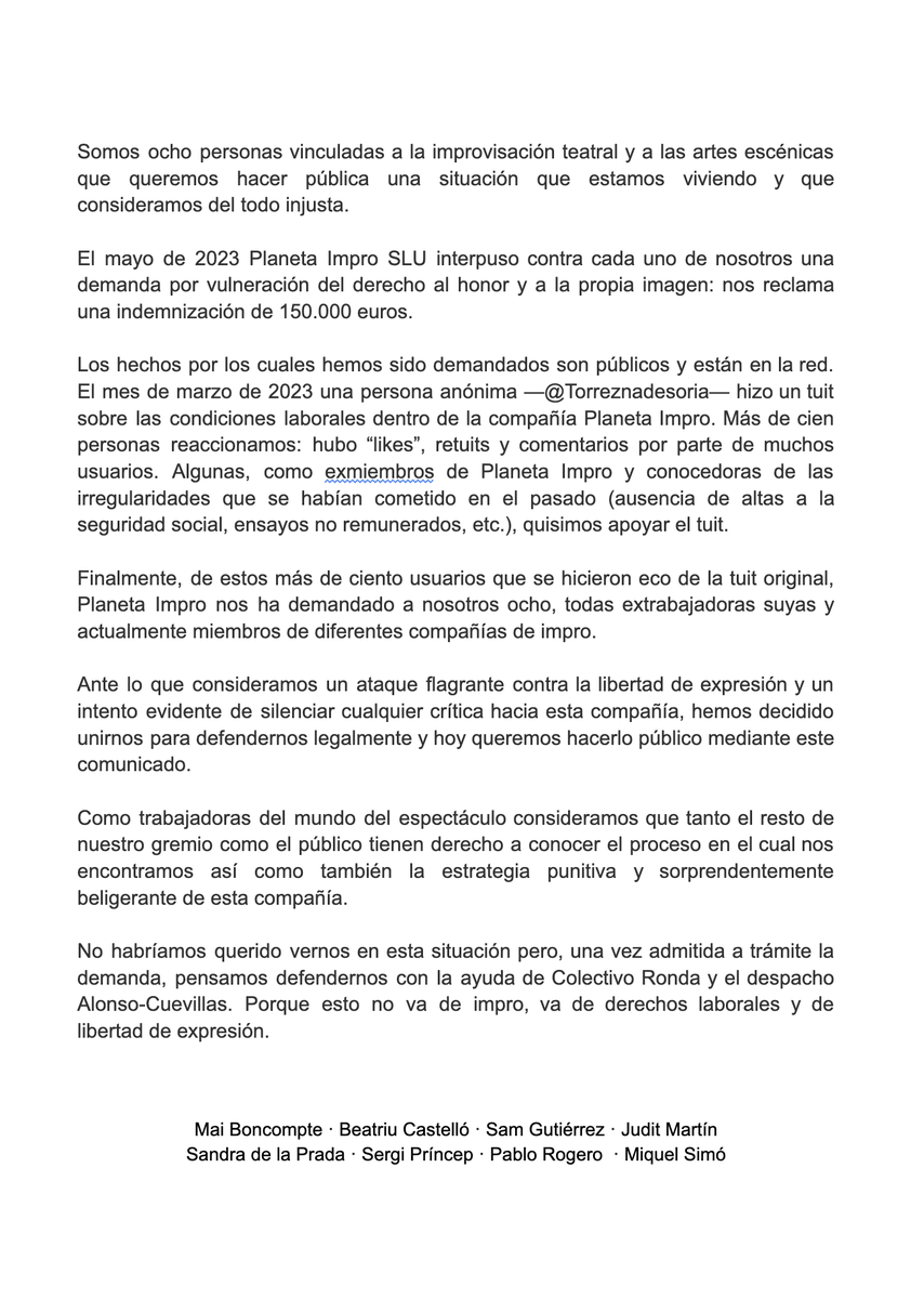 Comunicado oficial - Demandadas por Planeta Impro