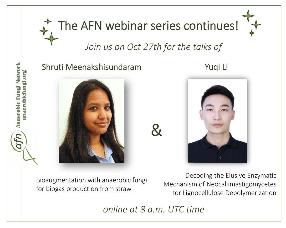 Join us to hear young voices! Mrs. Shruthi and Mr. Yuqi Li will share valuable insights on the bioaugmentation of anaerobic fungi and their enzyme mechanisms in our engaging 8th webinar series. Don't miss out! #Webinar #AnaerobicFungi