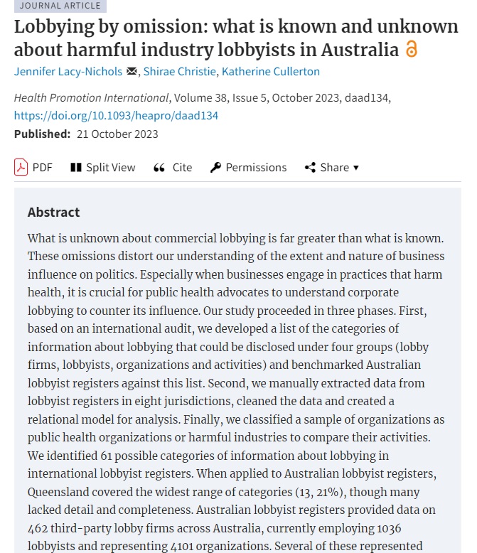 📢New paper out on commercial lobbying led by @JLacyNichols We examined what is known and unknown about harmful industry lobbyists in Australia tinyurl.com/tmdznd5d #CDoH