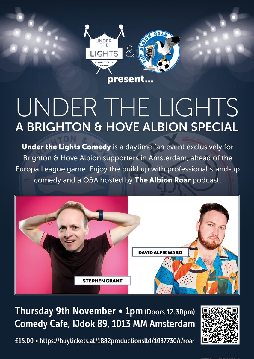 albionroar's tweet photo. We are delighted to have partnered with @UTLCOMEDY to bring you a #BHAFC fan event at the Amsterdam Comedy Cafe on the 9th Nov from 
Join @stephencgrant @DavidAlfieWard &amp;  @adypackham from 1-3 pm

Tickets available on the link 

@NorthStandChat @OfficialBHAFC @BBCSussexSport https://t.co/9ZQciLm1vZ
