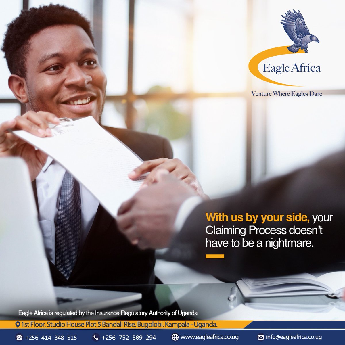 Your Claiming Process doesn't have to be a nightmare!

With us by your side, a speedy resolution and the best possible outcome is guaranteed.

Trust us with all your Risk needs.
Know more about us via eagleafrica.co.ug 

#EagleAfrica #InsuranceBroker #ClaimsProcess