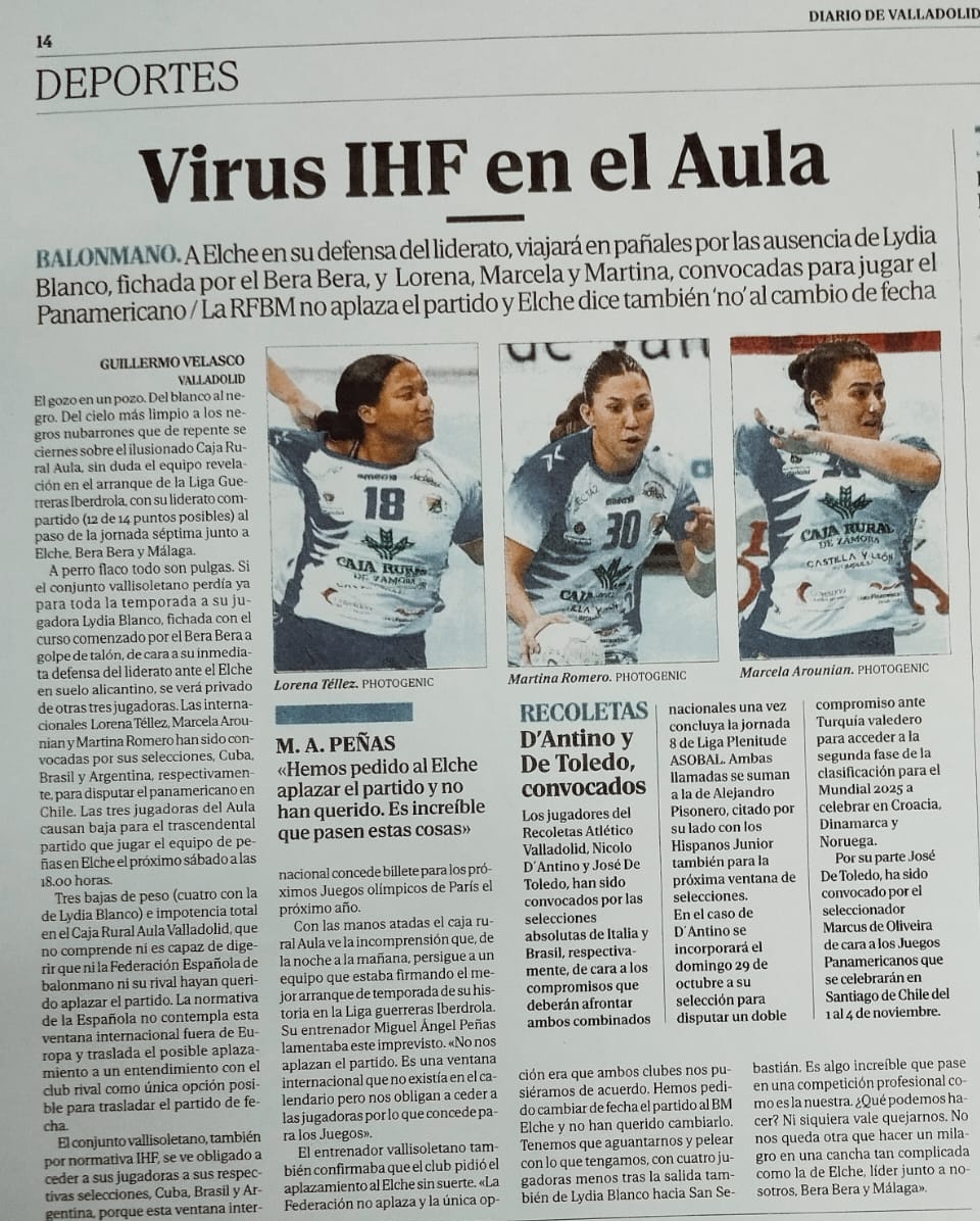 BmAulaCultural's tweet photo. Crónica de @lolovelasco66 en @DiarioCyLMundo sobre las obligadas ausencias de 3 internacionales sin que ni @RFEBalonmano ni @cbm_elche hayan aplazado el partido de éste sábado. Incomprensible. #espírituAula #11añosenlaélite @cajaruralzamora @UEMC #CastillayLeónNosImpulsa https://t.co/HmSl9NPAbT
